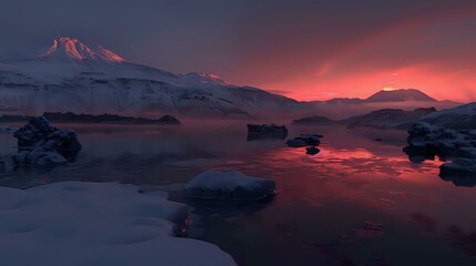 A serene winter landscape at sunset, reflecting vibrant colors on icy waters.