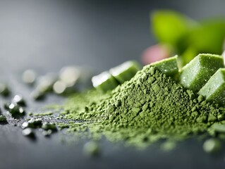 A vibrant green powder and cubes are showcased, emphasizing freshness and health benefits, set against a dark background.