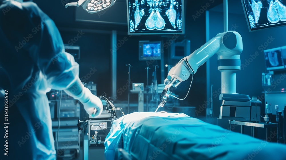 Poster a robot performing complex surgery in a futuristic operating theater with holographic displays, clea