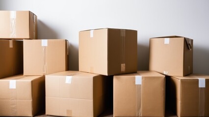 Fototapeta premium A group of stacked cardboard boxes with one standout red box on top, placed on a wooden floor against a plain white wall, organized and ready.