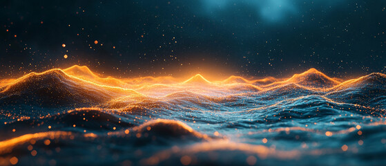 Fototapeta premium Golden light and blue waves form abstract mountains in flowing lines against a dark background