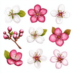 A collection of beautiful blossoms in various shades and arrangements on a white isolated background.