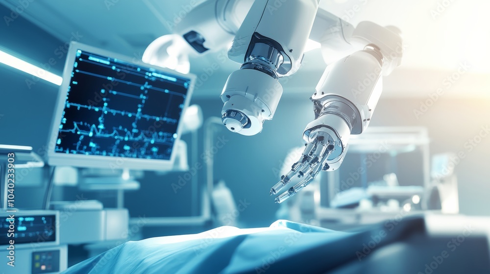 Poster A robot performing complex surgical procedures in a futuristic operating room with sleek, advanced medical equipment and a sterile environment, Surgical tech style