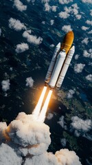 Spacecraft launching into orbit, bright flame and smoke trail against the dark sky, stock photo style