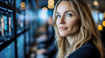 Focused woman in front of digital screens at work