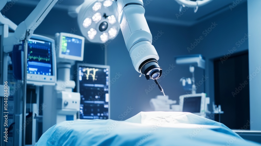Poster A robot performing complex surgical procedures in a futuristic operating room with sleek, advanced medical equipment and a sterile environment, Surgical tech style