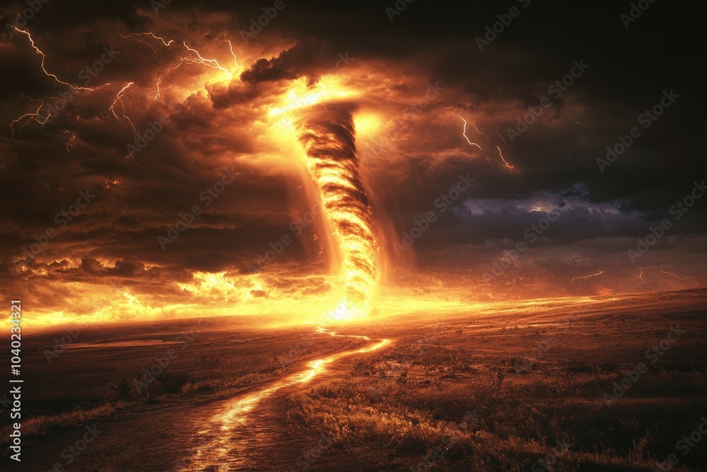Poster a fiery tornado blazes with intense light through a stormy night, highlighting a surreal landscape w