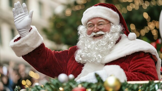 Santa Claus greeting children from a float during a festive holiday parade filled with joy and cheer.