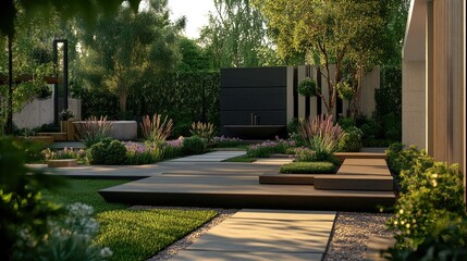 Fototapeta premium Sleek modern garden with geometric landscaping and space for copy