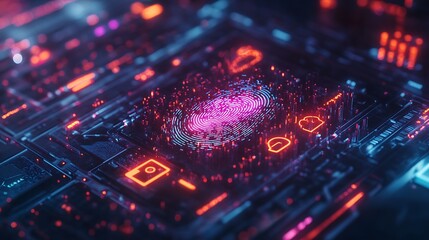 Obraz premium A fingerprint unlocking a digital security interface, holographic vault elements with glowing lock icons and encryption symbols, neon blue and purple highlights, dark background, ultra-modern style,