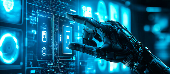 Fototapeta premium A robot hand points towards a holographic display showcasing cyber security symbols. The intersection of Artificial Intelligence, cyber security, and global communication technology. Generative AI.