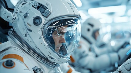 Fototapeta premium Astronauts inside a futuristic spacecraft cockpit, controlling the spacecraft navigation, stock photo style