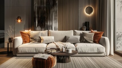 Fototapeta premium 3D rendering of cozy living room with comfortable sofa and warm lighting