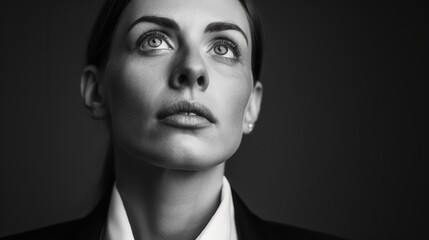 Thoughtful Businesswoman in Black and White, a striking portrayal showcasing determination and poise, ideal for promotional materials and inspirational messaging