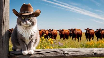 A cat wearing a cowboy hat, sitting on a fence, watching over a field of cows.