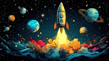 Naklejka premium A colorful rocket launching into space surrounded by planets and stars