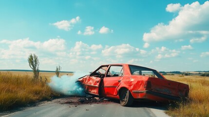 Side view of a demolished red car amidst nature's calm