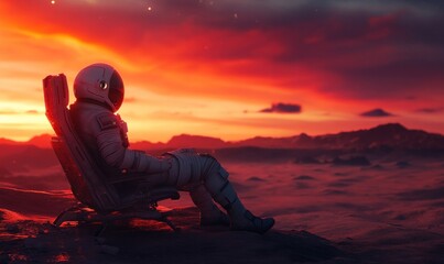 Obraz premium Astronaut Relaxing at Sunset on Alien Planet