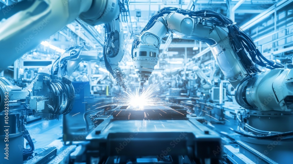 Aufkleber A robot performing complex welding tasks in a futuristic automotive factory with advanced welding robots and clean production lines, Automotive tech style, photo of