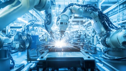 A robot performing complex welding tasks in a futuristic automotive factory with advanced welding robots and clean production lines, Automotive tech style, photo of