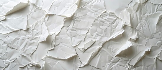 A textured white paper mache background with paper pieces or pulp sometimes strengthened with textiles and held together by adhesives like glue or starch creating a copy space image