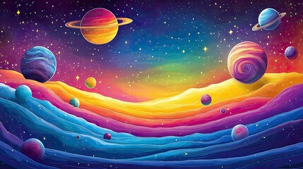 Fototapeta premium Vibrant cosmic landscape with colorful planets and starry sky