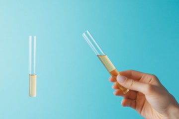 A person's hand holding a test tube filled with a clear liquid, possibly for scientific or medical purposes