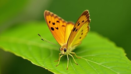 Obraz premium A closeup of a vibrant yellow and black spotted butterfly on a green leaf
