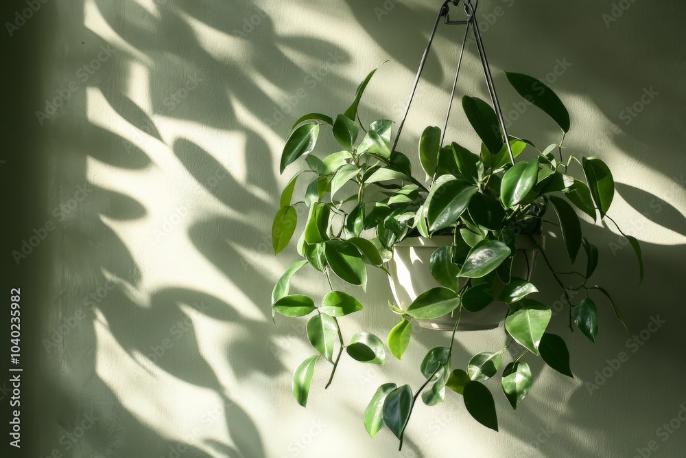Aufkleber a serene hanging plant captures attention as it casts intricate shadows on a light green wall, creat