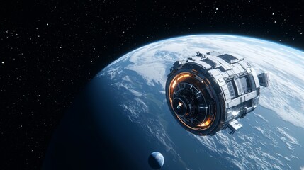 Advanced space station orbiting a gas giant, with rings and moons in the background, stock photo style