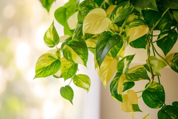 A close-up of a glossy golden pothos plant showcases its variegated leaves, standing out against a softly blurred background, emphasizing nature's beauty.