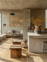 A rustic-inspired living space with warm tones, wooden furniture, and earthy decorations.