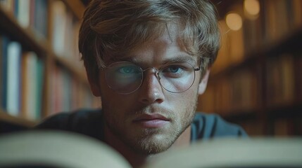 Focused young man reading in a library surrounded by books