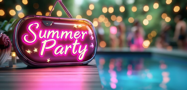 A vibrant summer party sign glows beside a refreshing pool, creating a festive atmosphere with twinkling lights in the background.