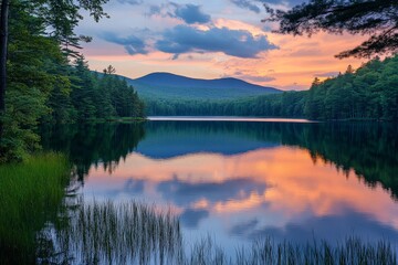 A picturesque forest lake scene at sunset, where vibrant colors in the sky reflect on the still water, surrounded by lush greenery, inviting peace and calm.