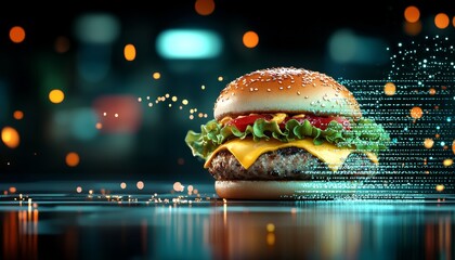 A vibrant hamburger featuring lettuce, cheese, and tomato, set against a digital background with...