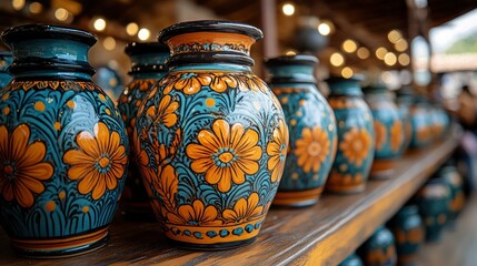 Vibrant handcrafted pottery jars on display in a marketplace setting