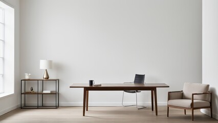 A minimal office features a wooden desk, black chair, beige armchair, and a side table with a modern lamp under soft, natural lighting from a large window.