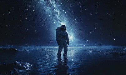 Fototapeta premium Astronaut in a Starry Night Reflective Space Landscape