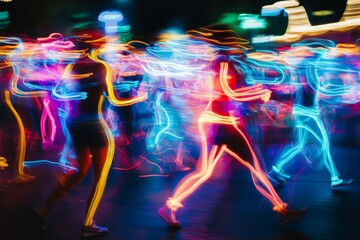 A group of people dance with neon lights in a dark setting, their movements creating colorful streaks of light.