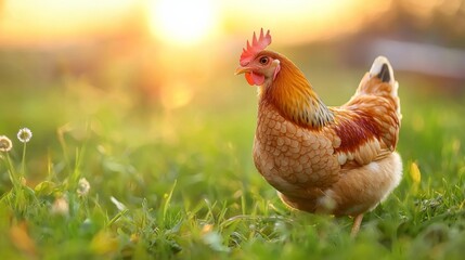 Fototapeta premium A bright sunset casts a warm glow on a hen searching for food in a lush green field, showcasing the beauty of rural life.