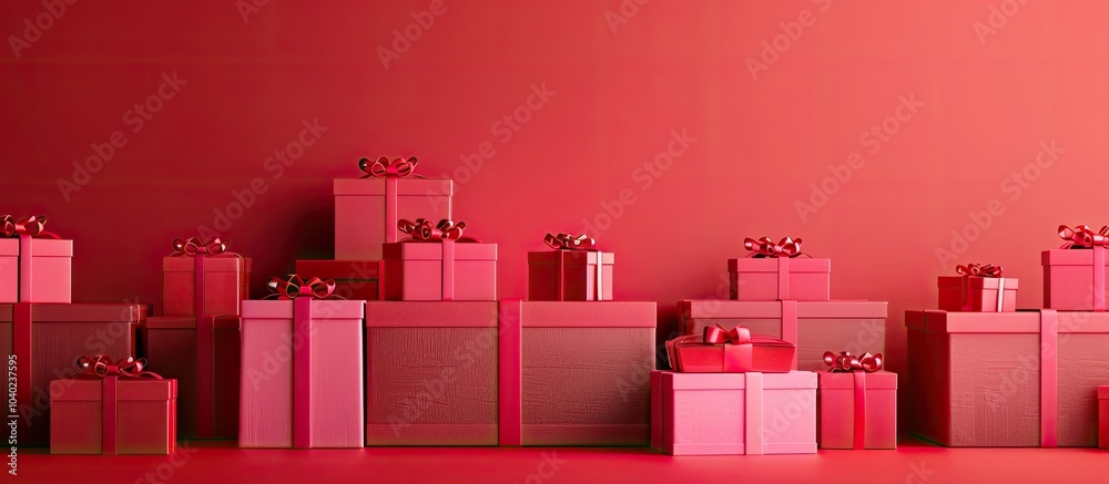 Wall mural gift boxes in varying sizes and shades of red and pink are neatly arranged on an isolated backdrop w
