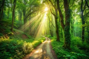 Obraz premium Serene Long Exposure of Sunlit Winding Dirt Path in Lush Green Forest