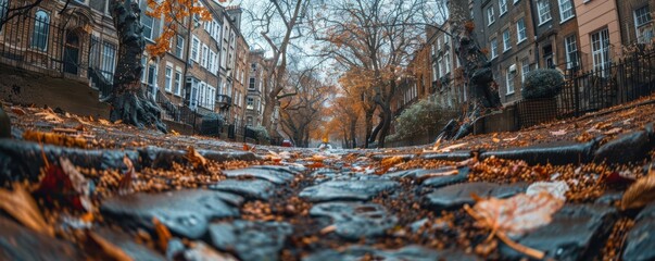 A captivating, autumnal street scene with cobblestone path and overhanging trees with fall foliage, captured during a mild, overcast day