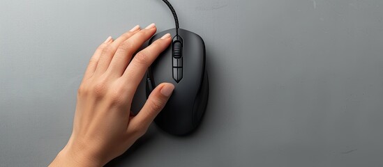 Top view of a woman using a contemporary wired computer mouse on a grey background with available copy space image