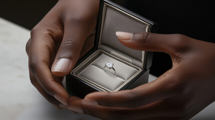 A detailed view of hands gently holding an open jewelry box with a dazzling diamond ring inside, capturing the emotion and significance of a precious gift. photo