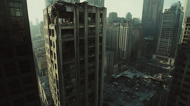 A gritty, chaotic scene in a damaged city after a kaiju battle, viewed from a skyscraper. Tall buildings crumble in the daylight, which contrasts sharply with the gloomy, cluttered urban landscape
