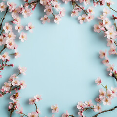 Cherry blossom flower border frame on blue background