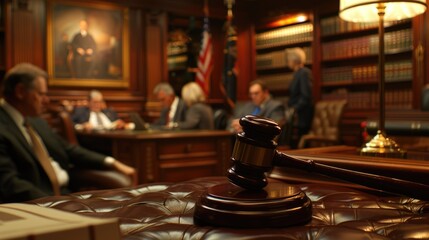 A gavel sits atop a worn leather chair, ideal for courtroom scenes or office settings