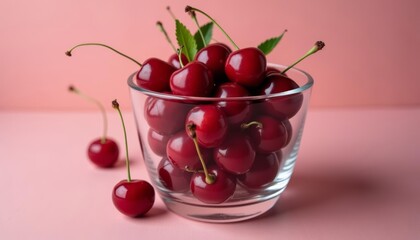  Fresh cherries in a glass bowl ready to be enjoyed